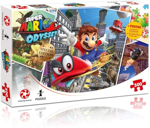 Winning Moves Super Mario Odyssey 500 Piece Jigsaw Puzzle Game Age 10+, join Mario and Cappy in Cascade Kingdom to defeat Bowser and rescue Princess Peach, gift and toy for ages 8 plus