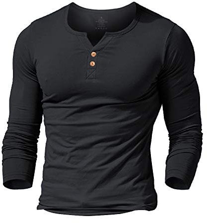 Mens Long Sleeve Muscle Slim Fitted Cotton Henley T-Shirt with Buttons Black M