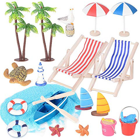 JNCH 20 Pieces Seaside Theme Beach Miniature Ornament Kits, Beach Style Miniature Ornament Set for Beach Cake Decorations Dollhouse Decoration