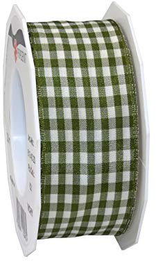 Präsent Vichy Geschenkband mit Drahtkante Olive/créme, 20 m Dekoband zum Verzieren & Basteln, 40 mm Breite, Kariertes Band für Bunte Dekos & Geschenkverpackungen, zu feierlichen Anlässen