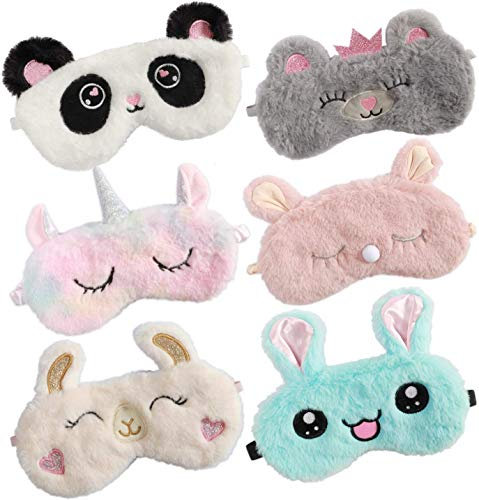 Bascolor 6 Pièce Licorne Masque de Sommeil Animal Masque Yeux Peluche douce Cache Oeil Masque pour Dormir Eyepatch de repos Masque De Nuit Femme Enfant Fille