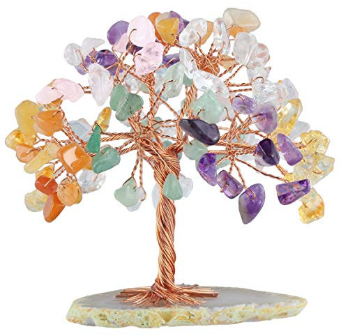 KYEYGWO Décoration Arbre de Vie en Pierre Naturelle d'Énergie, FengShui Figurine sur Tranche d'Agate pour Reiki Chakra Guérison Fortune Richesse Santé, 7 Chakras