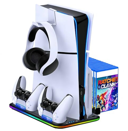 BEBONCOOL HOTS PS5 Stand Kühlstation für PS5/PS5 Slim/PS5 Pro,Vertikalständer mit Ultra-Lüfter und Buntem Licht, Headset-Halterung,PS5-Zubehör,Schwarz