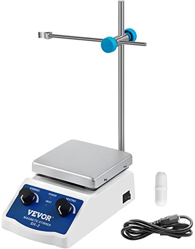 VEVOR Agitador Magnético, 100-2000 RPM Mezclador Magnético, SH-2 con Placa Calentadora, Velocidad y Temperatura Ajustable, para Laboratorio, Barra Agitadora y Soporte Incluidos