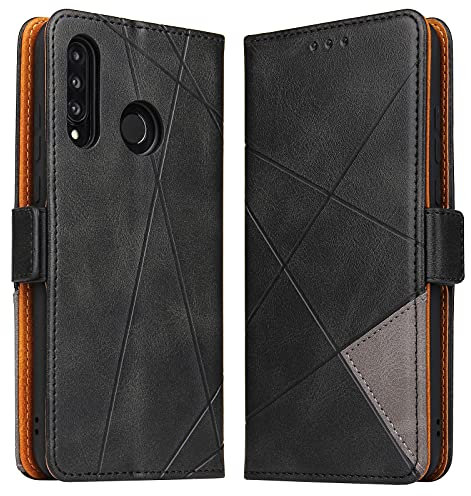 Lelogo Custodia per Huawei P30 Lite, Huawei P30 Lite, in pelle, con chiusura a linguetta, per Huawei P30 Lite, colore nero