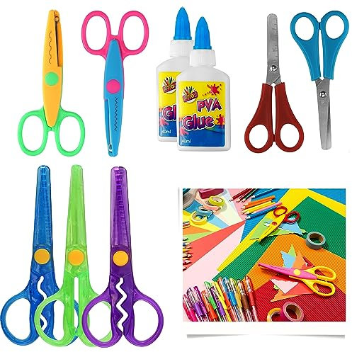 9Pcs Art and Craft Set for Kids, 2 Safety Tip Scissors, 3 Safety Scissors, 2 Wavy Edge Scissors and 2 PVA Glue, Arts and Crafts Kit, Safe for Kid’s 3+ Years