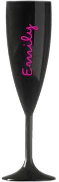 Personalised Champagne Love Flute Glass TV Any Name Font Colours Wine Cocktail Prosecco Gift (Black Flute - Pink Text)