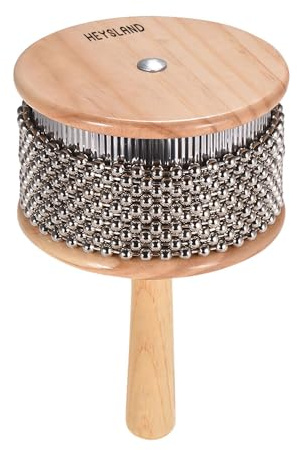 Heysland Wooden Cabasa Percussion Musical Instrument Metal Beaded Chain and Cylinder Pop Hand Shaker for Band Music Education 4.5inch