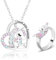 2 Pièces, Collier Licorne Bague Licorne, Collier Pendentif Coeur Pierre CZ, Cadeau de Bijoux Licorne Porte-Bonheur pour Mères Fille Soeur Petite-fille Adolescentes, Fit Fête D'anniversaire de Noël