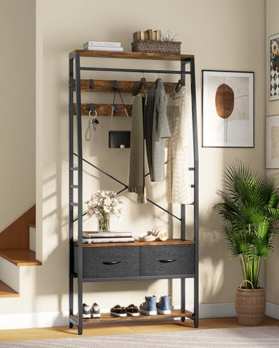 YITAHOME Garderobenregal mit Schuhschrank, freistehender Dielenbaum mit Bank und 2 klappbaren Schubladen, Industriegarderobe mit 8 Haken für Flur Wohnzimmer Schlafzimmer, Metallrahmen, rustikal braun