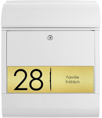 Banjado® Personalisierter Briefkasten Mit Graviertem Namensschild in Gold - Weiß 39x47x14cm - Mit Hausnummer, Namen & Motiv Gravur 4 - Mit Zeitungsfach
