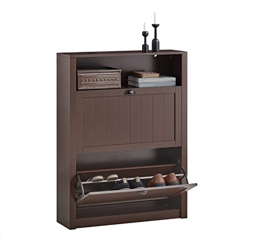 SoBuy FSR87-BR Schuhkipper Schuhschrank schmal mit 2 Klappen Schuhregal mit 4 Ablageflächen Schuhkommode mit Zusatzfach Schuhablage Braun BHT ca.: 80x110x24cm