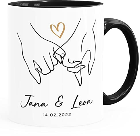 SpecialMe® Kaffee-Tasse Liebe personalisiert mit Name und Datum Hände Paar Herz Liebes-Geschenk Freundin Mann weiß-innen-schwarz standard