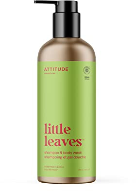 ATTITUDE Shampoo and Body Wash for Kids, EWG Verified Hair and Body Cleanser, Dermatologically Tested Soap, Plant and Mineral Based Bath Products, Vegan, Refillable Bottle, Watermelon and Coco, 473 mL