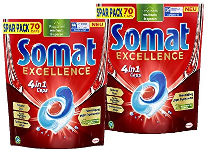 Somat Excellence 4 en 1 tapas (2 x 70 tapas), pastillas para lavavajillas de liberación rápida, tapas Somat para una excelente limpieza y brillo incluso en el programa Eco y a bajas temperaturas