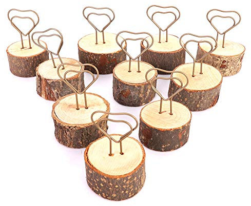 Tyenaza 10 Pezzi Supporti per Cartellini Segnaposto, Porta Memo con Base Legno, Supporto Numero Posto Legno, Porta Cuore Clip in Legno Stile retrò Memo Decorativo per Matrimonio, Foto