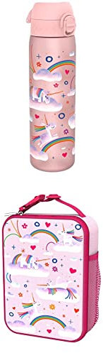 Ion8 Leak Proof Slim Water Bottle, BPA Free, Unicorn Rainbows, 500ml (18oz) I8LBPUNIRAIN Lunch Bag, Polyester, Unicorn Rainbows,Medium