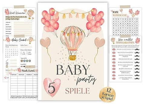 Babyparty Spiele Set Mädchen, 5 lustige Babyshower Spiele (60 Karten), Babyparty Geschenk, Babyshower Spielkarten, Babyparty Ideen, Babyshowerparty