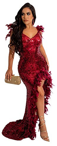 Pailettenkleider Lang Damen Abendkleider Ärmellos Glitzer Bodycon Rückenfrei Partykleid Sexy V Ausschnitt Club Maxikleid Cocktailkleid Hoher Schlitz Elegant Feder Hochzeit Ballkleid
