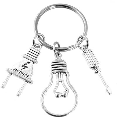 Porte-clés électricien Ampoule Outil Tournevis Et Prise électrique Argenté