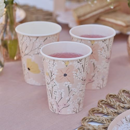 Ginger Ray Pink Floral Paper Birthday Cups Party Tableware 8 Pack, Pastel