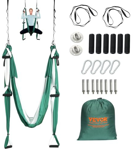 VEVOR Aerial Yoga Hängematte 2,5 x 1,5 m, Grün + Weiß Air Fliegen Swing, Schaukel Hammock 300 kg Max. Tragfähigkeit, inkl. Yoga-Socken & Fußpolster, Anti-Gravity-Übungen