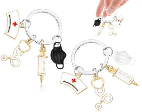 ZoeTekway 2 Stücke Krankenschwester Schlüsselanhänger,Nurse Keychain Hängen Anhänger Zubehör mit Spritze Krankenschwester Kappe und Stethoskop,für Arzt Medizinstudent Geschenke(Schwarz und weiß)