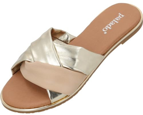 Palado Pantoletten Damen Okora – modische Sandalen - bequeme Hausschuhe - elegante Sommerschuhe Gold Metallic UK7 - EU40