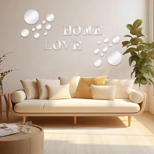 AINIUNIU 26 Stück 3D Spiegel Wandaufkleber, Runden Spiegel Wandaufkleber, Love Home Selbstklebend Acryl Wandsticker, DIY Deko Wandtattoo für Schlafzimmer, Hintergrund Wandkunst, Kinderzimmer Deko