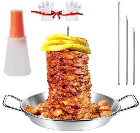 Gyro Pan with Skewer, Gyro Pan with Skewer for Oven, Gyro Cooking Plate, Gyro Meat Pan Vertical Skewer, Stainless Steel Vertical Skewer Pan, for BBQ (Color : C, Size : 9in)