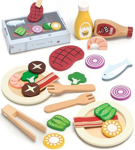 Pillowhale Set di cibo da gioco, 24 pezzi in legno per barbecue, accessori da cucina, cibo giocattolo per bambini, ragazzi e ragazze dai 3 anni in su