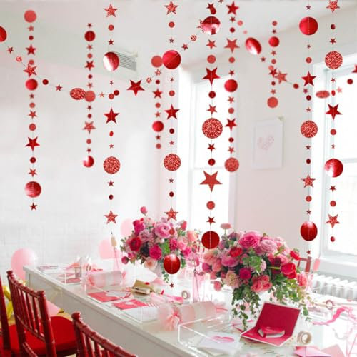 52 Ft Rot Glitzer Papier Circle und Stern Garland,4 Stücke Hängende Runde und Stern Garland für Geburtstag Hochzeit Weihnachten Party Deko