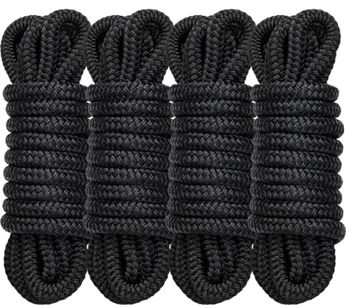 4 Pack 1/2 x 15’ Boat Dock Lines for Boat & Pontoon, Premium Marine- Grade Double Braided Nylon Dock Line, Pre-Spliced with a 12 Eyelet-Black,Boating Gifts for Men