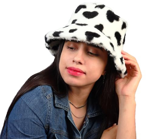 MILAKOO Winter Fuzzy Bucket Hat Cute Lovely Plüsch Pelz Fischer Cap Herz Patterned Dicke Warme Mütze für Frauen Schwarz