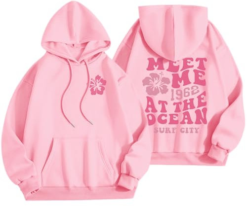 Lubpow Cute Pink Flower Hoodie for Woman Preppy Sweatshirts Trendy Puff Print Letter Graphic Hoodies Casual Pullover Tops, Pink, S