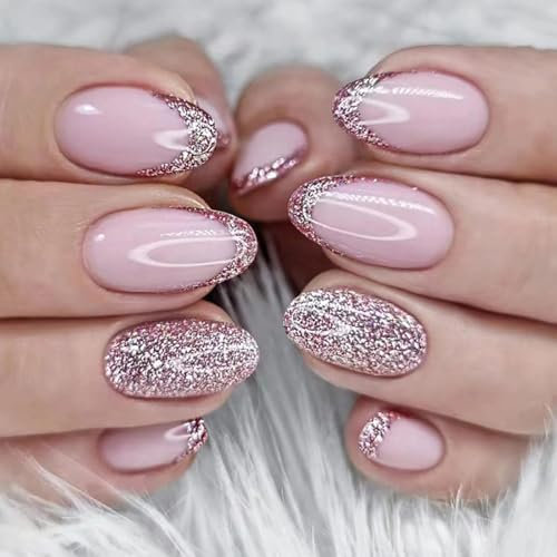 Pack de 24 faux ongles courts en forme d'amande, rose français, acrylique brillant, à coller, 12 tailles, pour femmes et filles, fêtes et bricolage à la maison