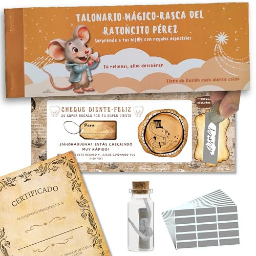 LuaDreams Kit Ratoncito Perez con 20 Vales de Regalo para Niños, Frasco para Guardar Dientes de Leche, Pegatinas para Rascar, Carta y Certificado Ratoncito Perez Ideal para Regalo Ratoncito Perez