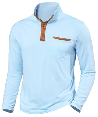 Halfword Long-Sleeve T-Shirts Mens Polo Henley Shirts Golf Grandad Collar Tops Pocket Casual Regular Fit Blue XXXXL