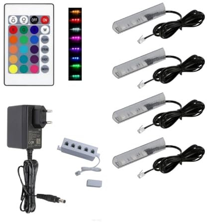 QLS LED RGB Set Glaskantenbeleuchtung Clip 12V mit Fernbedienung 16 Farben Dimmbar (Schwarz, 4 Stück)