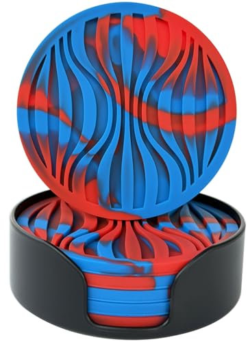 Silikon Untersetzer 6er Set - Dickes Design (0,5cm) Rund, Hitzebeständig für Topf, Getränke, Kaffee, Bier - Rutschfeste Bar Matte Mit Mustern (Blau+Rot)
