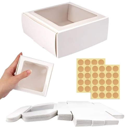 20 Pcs Keksschachtel mit Sichtfenster 9,5x9,5x3,5 cm Keks Verpackung Klein Cookie Box Kraftpapier Geschenkboxen Plätzchenbox Karton Weiß Keksboxen, Kekskarton Geschenkschachtel für SüßIgkeiten