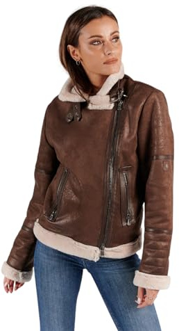 BARONE Veste en peau de mouton femme Shearling, veste en cuir femme Shearling, peau d'agneau et alcantara Made in Italy, marron, M
