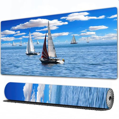 FEHWI Mauspad 80×30 cm Verlängertes großes Mauspad Schreibtischauflage,Nautisches Thema Segeln Altes Handelsschiff auf Ozean Segelboote Bewölkter,genähte Kanten Gaming Mauspad,rutschfeste Gummibasis
