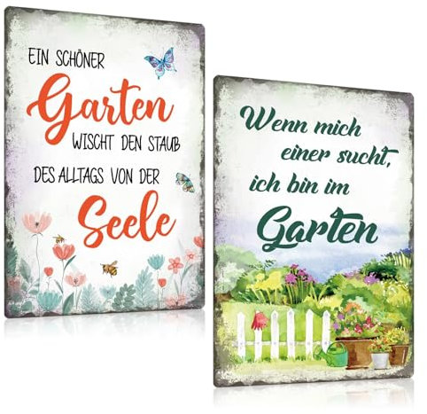 2er Set Retro Blechschilder Garten 20x30cm - Bienen Metallschilder mit sprüchen - ich bin im Garten - EIN schöner Garten wischt den Staub des Alltags von der Seele - Vintage Gartenschild Geschenk (E)
