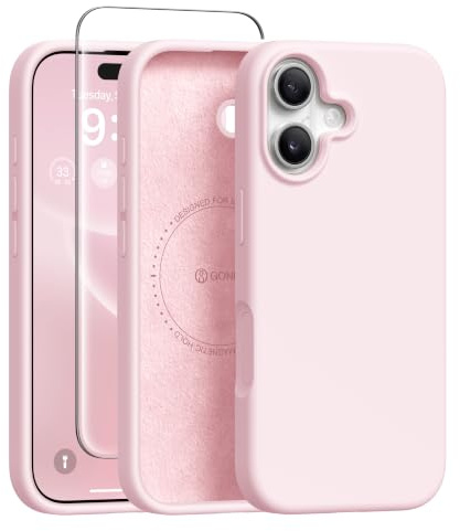 GONEZ Magnetic for iPhone 16 Case, Silicone Cover Chalk Pink | Compatible with MagSafe, Camera Button & Screen Protector, Microfiber Lining, 3 Layers Soft Gel Rubber Shockproof Slim 6.1