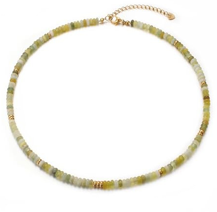 Aleasha Gelbgrüne Xiuyan-Jade Kette 4mm Stein Boho Choker Damen Gold Edelstahl Halskette Handgefertigt Schmuck 38+6cm
