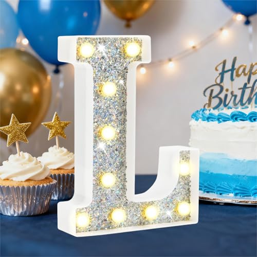 HEYCOLOR Silberne Glitzer LED Buchstaben L, Warmweiß LED Buchstaben Lichter Alphabet, Leuchtbuchstaber Als Teenager Mädchen Jungen Geschenke, Party Dekor für Geburtstags Hochzeit Muttertag Birthday