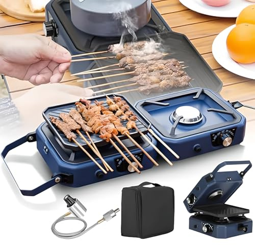 2 Burner Propane Camping Stove with Grill, 16000 BTU Foldable Camp Stove with 2 Adjustable Burners & Piezo Ignition, for Camping, Home Backyard, BBQ