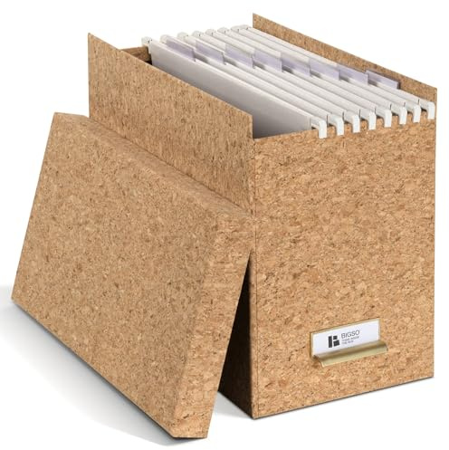 BIGSO JOHAN Hängeregisterbox A4 – Hängemappenbox mit Deckel und Griff – Schreibtischablage für Hängemappen & Dokumente – Aufbewahrungsbox aus recycelter Faserplatte und Papier – Kork