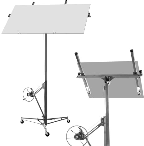 Gipskartonplatten-Heber 68 kg Tragkraft – Höhenverstellbar 140–335 cm, 60° Neigung, klappbar & mobil mit 3 Bremsrädern – Trockenbau-Lift für Decken & Wände, Stahlrahmen